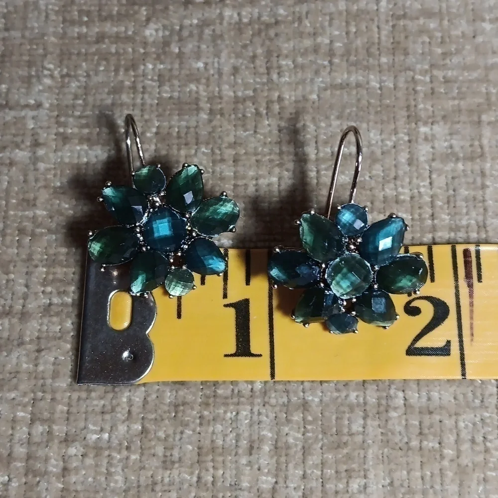 Liz Claiborne Gold Tone Blue/Green Rhinestone Flower Drop Earrings